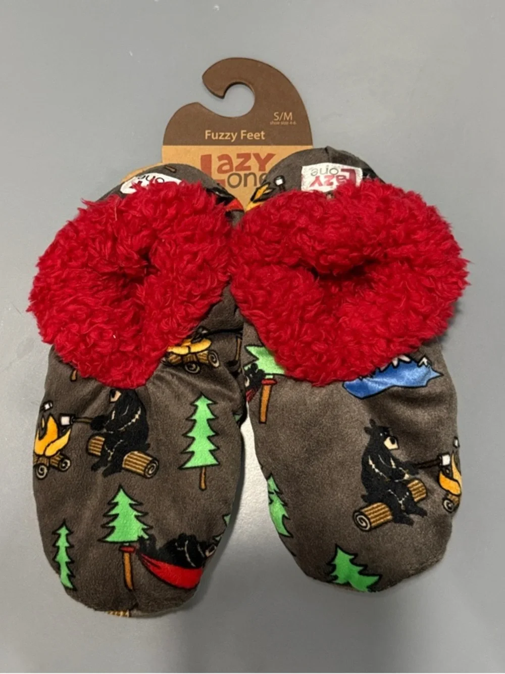 Lazy One Kids Fuzzy Slippers with Red Cuffs and Forest Print